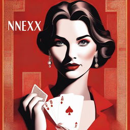 A beautiful woman on a red background playing cards with the text 'NEX188'