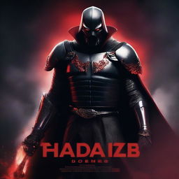 A movie poster featuring a supervillain who is a sentient piece of armor, possessed by red smoke