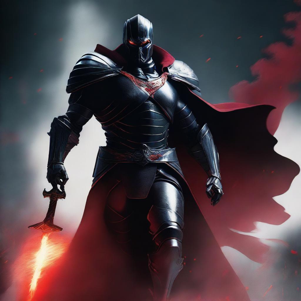 A movie poster featuring a supervillain who is a sentient piece of armor, possessed by red smoke