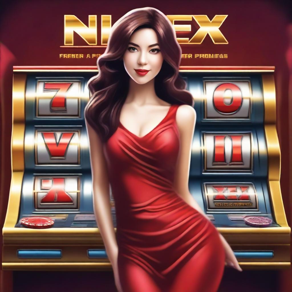 A beautiful girl wearing a red dress is at a casino playing a slot machine and winning big