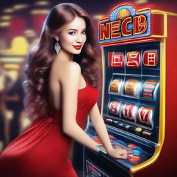 A beautiful girl wearing a red dress is at a casino playing a slot machine and winning big