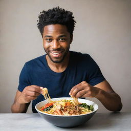 A stylish African-American man indulging in a steaming, colorful bowl of ramen noodles replete with vibrant garnishing.