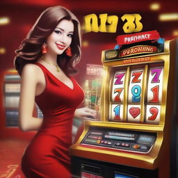 A beautiful girl wearing a red dress is at a casino playing a slot machine and winning big