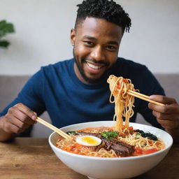 A stylish African-American man indulging in a steaming, colorful bowl of ramen noodles replete with vibrant garnishing.