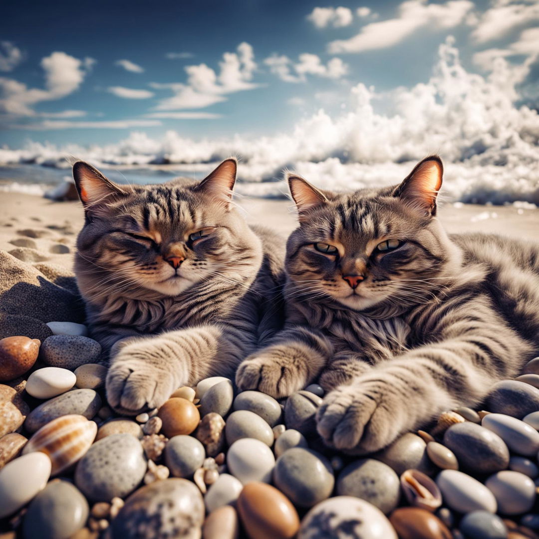 A British Shorthair and a Ragdoll cat lounging on a picturesque beach with seashells, pebbles, and gentle ocean waves in the background under a clear sky