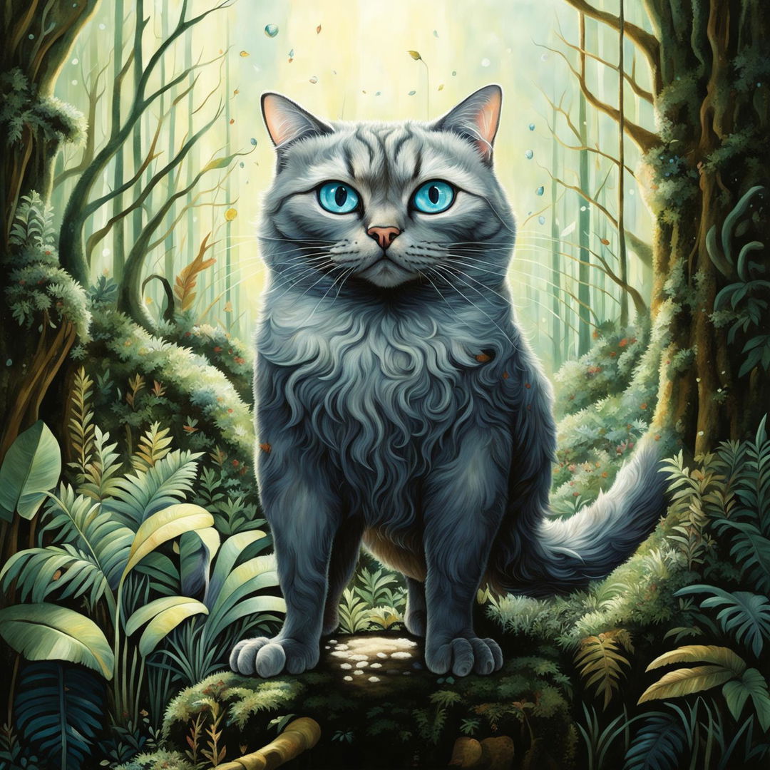 A fantastical hybrid of a British Shorthair cat, a Ragdoll cat, and a kiwi bird standing in a lush, green forest with dappled sunlight and vibrant foliage