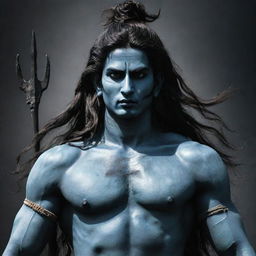 A striking image of Lord Shiva standing still with long head hair and a fierce, angry expression on his face