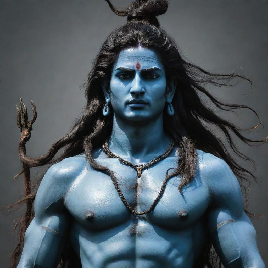 A striking image of Lord Shiva standing still with long head hair and a fierce, angry expression on his face