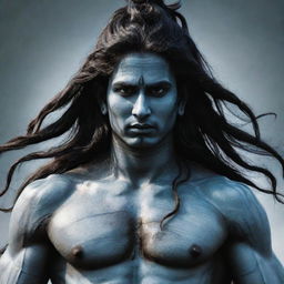 A striking image of Lord Shiva standing still with long head hair and a fierce, angry expression on his face