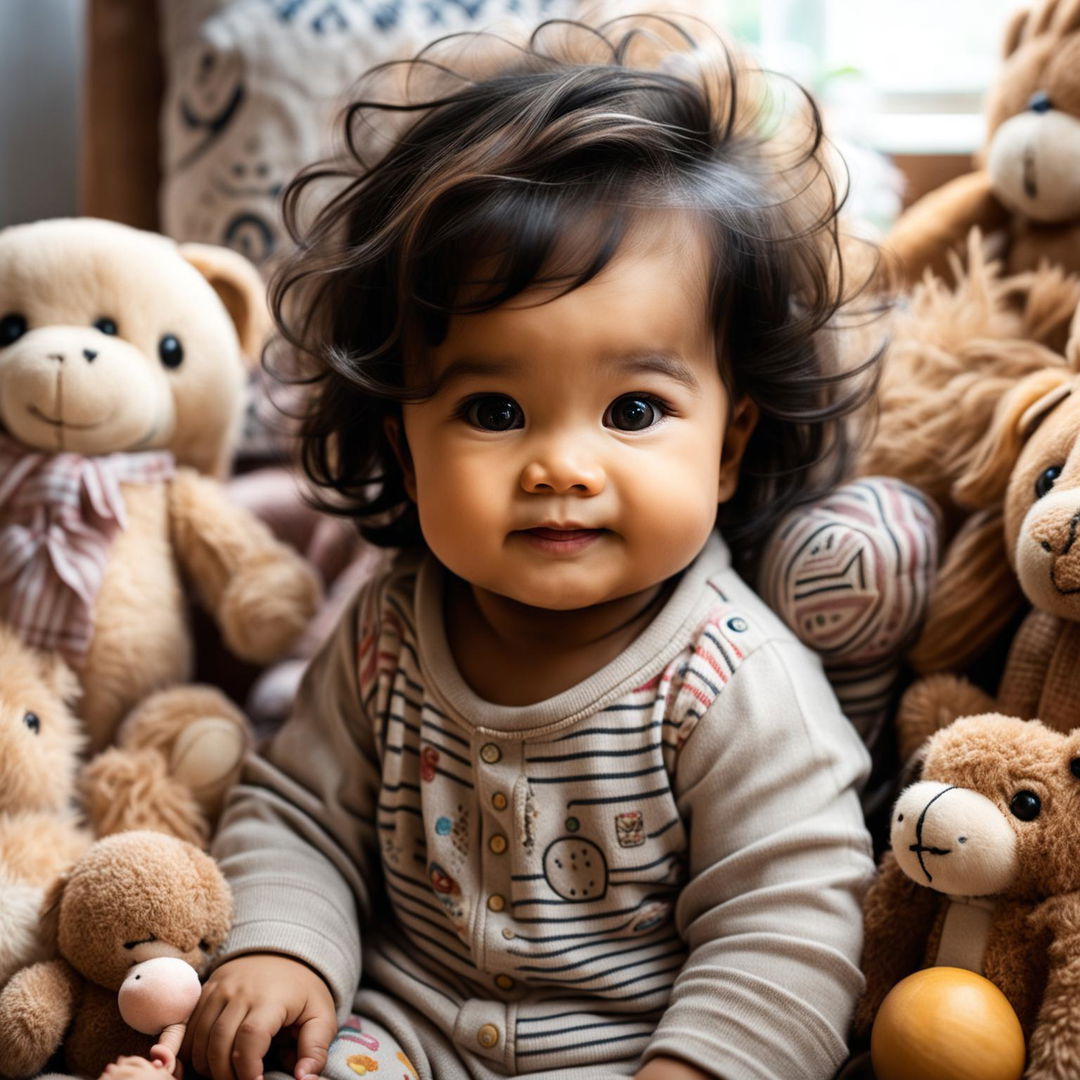 Create a heartwarming image of a half Thai, half British baby with a blend of features from both ethnicities, sitting in a cozy, well-lit room with soft, pastel-colored decorations