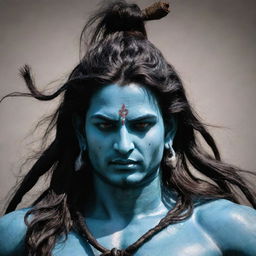 A striking image of Lord Shiva standing still with long head hair and a fierce, angry expression on his face