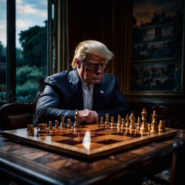 Donald Trump playing chess in a luxurious room with dark wood paneling, elegant drapes, classic artwork, and a view of a landscaped garden