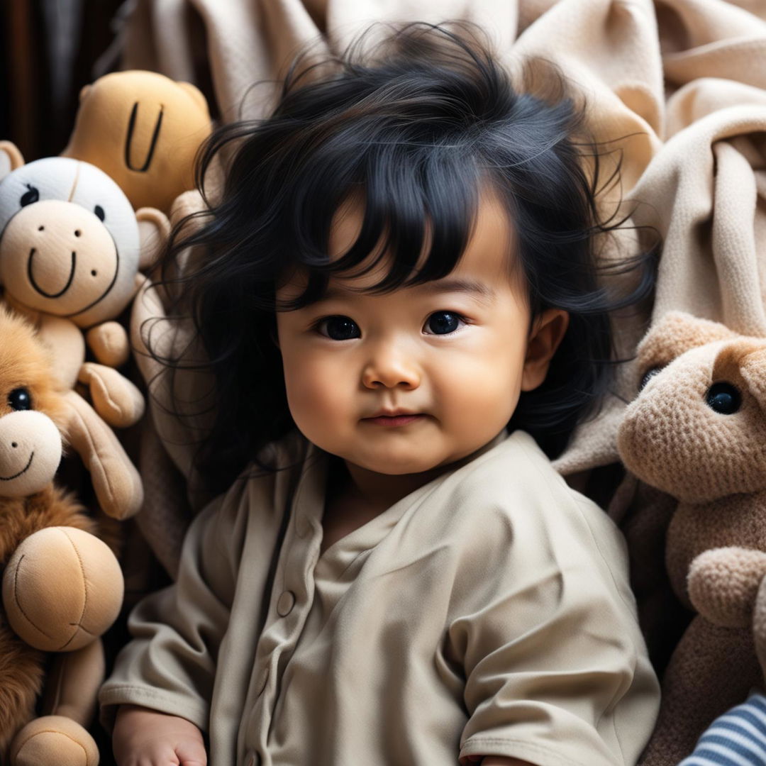 Create an image of a baby with mixed Korean and European features, sitting on a pastel-colored blanket with a warm, cozy atmosphere