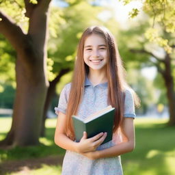 A cheerful 13-year-old girl with a bright smile, wearing casual clothes, standing in a park with trees and flowers around her