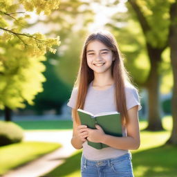 A cheerful 13-year-old girl with a bright smile, wearing casual clothes, standing in a park with trees and flowers around her