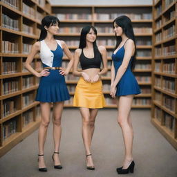 A real life interpretation of Nico Robin and Nami from One Piece, appearing as modern women engaged in a friendly rivalry; Robin in a library amidst ancient artifacts, and Nami on a jetty with navigation tools, separated by a split scene.