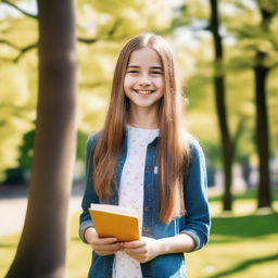 A cheerful 13-year-old girl with a bright smile, wearing casual clothes, standing in a park with trees and flowers around her