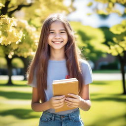 A cheerful 13-year-old girl with a bright smile, wearing casual clothes, standing in a park with trees and flowers around her