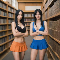 A real life interpretation of Nico Robin and Nami from One Piece, appearing as modern women engaged in a friendly rivalry; Robin in a library amidst ancient artifacts, and Nami on a jetty with navigation tools, separated by a split scene.