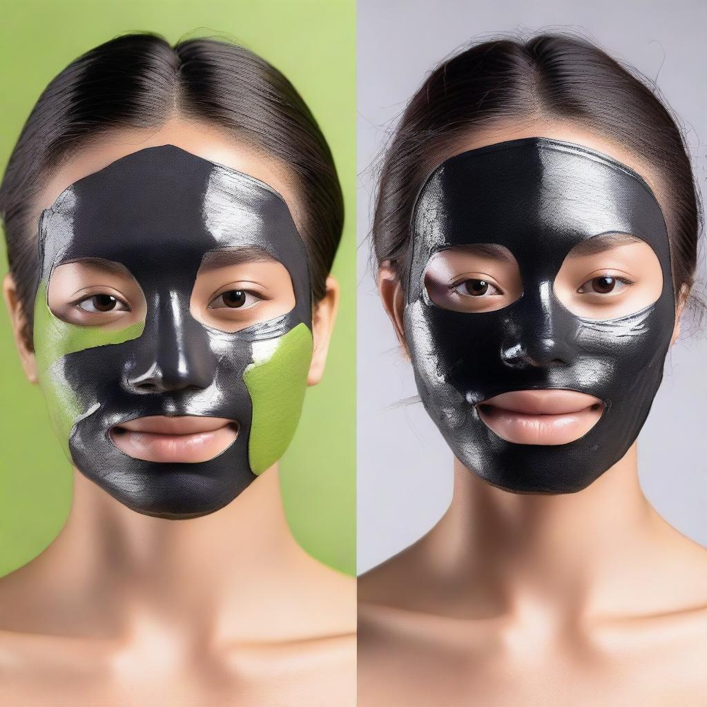 A comparison image showing a homemade face mask on one side and a charcoal face mask on the other