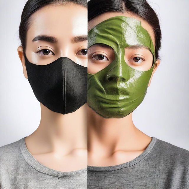 A comparison image showing a homemade face mask on one side and a charcoal face mask on the other