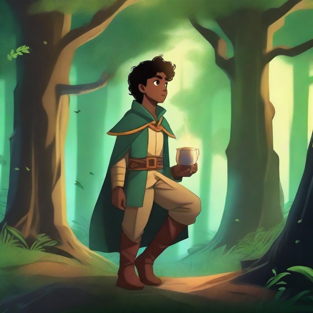 A young hero prince, dressed in royal attire, embarks on a quest to find a rare medicine called 'Tears of the Moon' to save his ailing king father