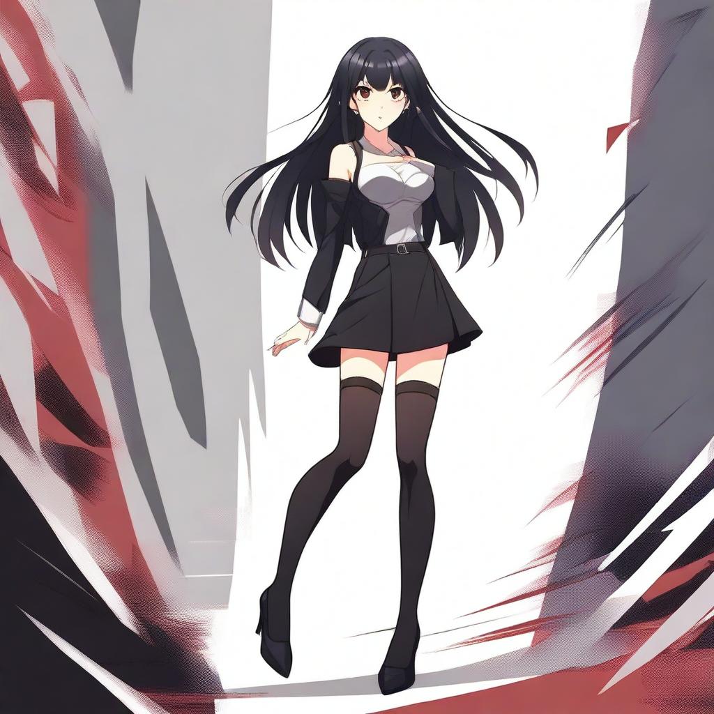 A stylish anime waifu with black hair and red eyes