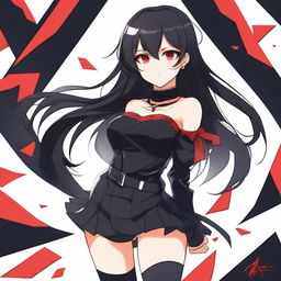 A stylish anime waifu with black hair and red eyes