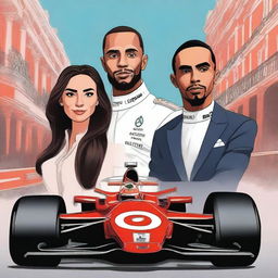 Create a cover featuring two characters: Clara, a diplomat, and Lewis Hamilton, a racing driver