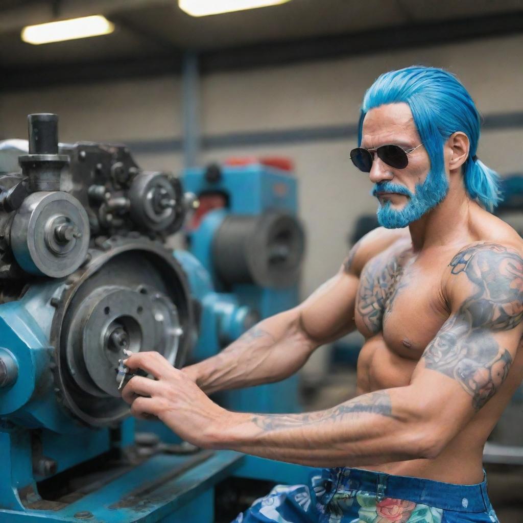 A real life interpretation of Franky from One Piece. A charismatic, muscular man with cyborg-like features; blue hair, wearing Hawaiian shirt and sunglasses, working confidently on a complex machine in a modern mechanic workshop.