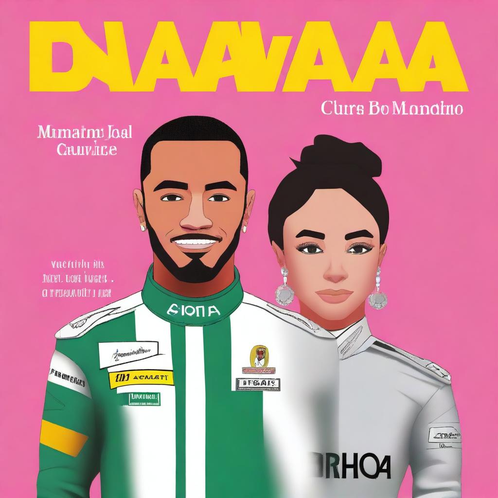 Create a book cover featuring two characters: Clara, a Brazilian internationalist, and Lewis Hamilton, a racing driver