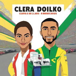 Create a book cover featuring two characters: Clara, a Brazilian internationalist, and Lewis Hamilton, a racing driver