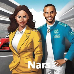 Create a book cover featuring two characters: Clara, a Brazilian internationalist, and Lewis Hamilton, a racing driver