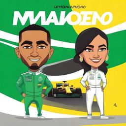 Create a book cover featuring two characters: Clara, a Brazilian internationalist, and Lewis Hamilton, a racing driver