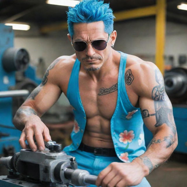 A real life interpretation of Franky from One Piece. A charismatic, muscular man with cyborg-like features; blue hair, wearing Hawaiian shirt and sunglasses, working confidently on a complex machine in a modern mechanic workshop.