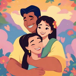 A Korean man hugging a Brazilian woman, illustrated in the Disney style