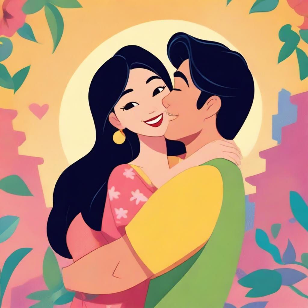 A Korean man hugging a Brazilian woman, illustrated in the Disney style