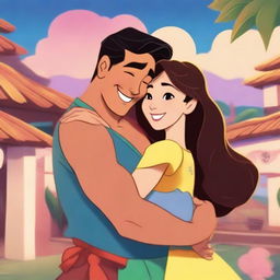 A Korean man hugging a Brazilian woman, illustrated in the Disney style