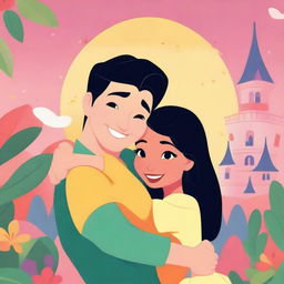 A Korean man hugging a Brazilian woman, illustrated in the Disney style