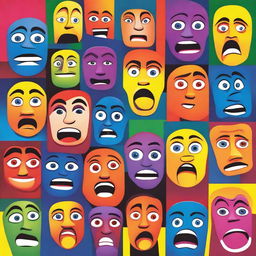 A vibrant and colorful depiction of various human emotions, each represented by different facial expressions and body language