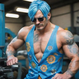 A real life interpretation of Franky from One Piece. A charismatic, muscular man with cyborg-like features; blue hair, wearing Hawaiian shirt and sunglasses, working confidently on a complex machine in a modern mechanic workshop.