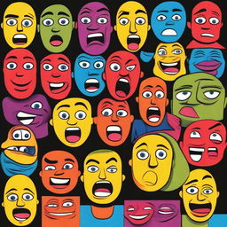 A vibrant and colorful depiction of various human emotions, each represented by different facial expressions and body language