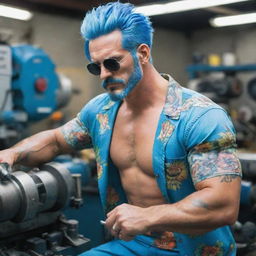 A real life interpretation of Franky from One Piece. A charismatic, muscular man with cyborg-like features; blue hair, wearing Hawaiian shirt and sunglasses, working confidently on a complex machine in a modern mechanic workshop.