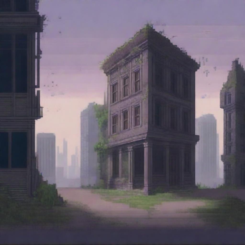 Create a pixel art image of an abandoned city