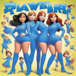 Create a Pixar-style movie poster titled 'The Bluewing Sisters' featuring four beautiful girls in blue heroine suits