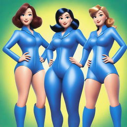 Create a Pixar-style movie poster titled 'The Bluewing Sisters' featuring four beautiful girls in blue heroine suits