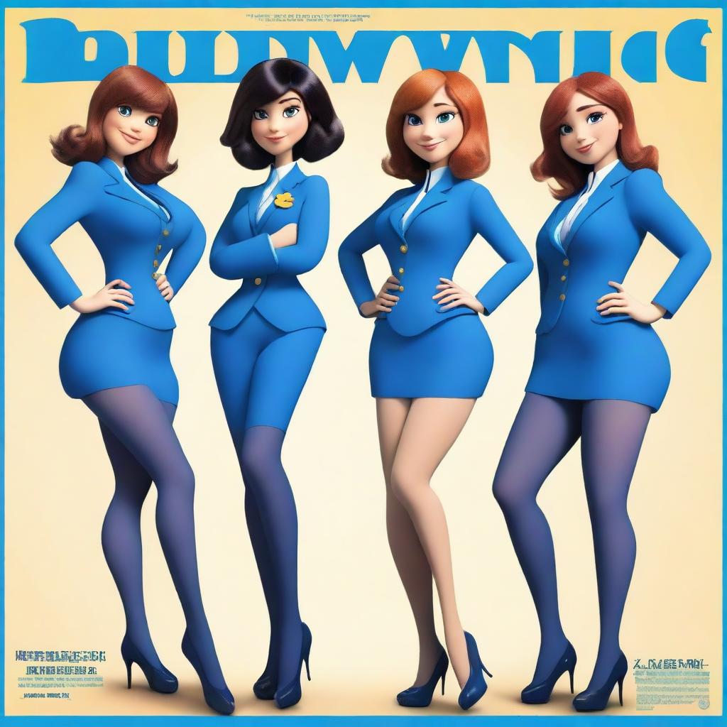 Create a Pixar-style movie poster titled 'The Bluewing Sisters' featuring four beautiful girls in blue heroine suits