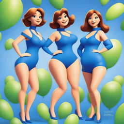 Create a Pixar-style movie poster titled 'The Bluewing Sisters' featuring four beautiful girls in blue heroine suits