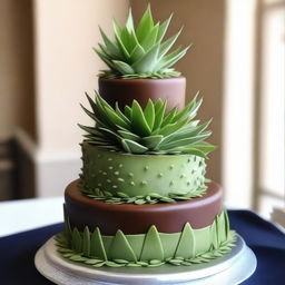 A three-tiered cake designed for a man, decorated with aloe plants