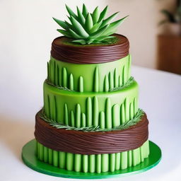 A three-tiered cake designed for a man, decorated with aloe plants